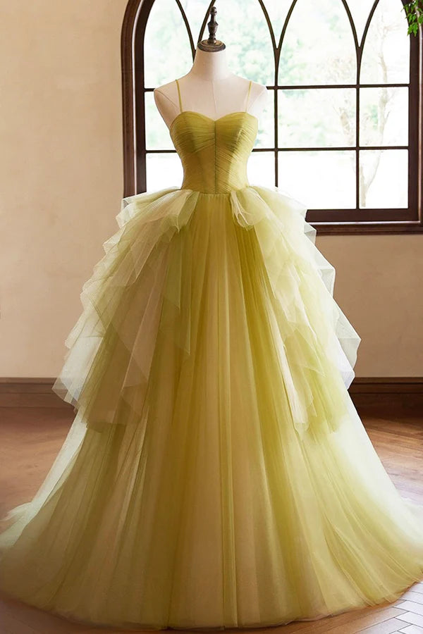 Wholesale Green Ruffle Long A-Line Prom Dresses Spaghetti Straps Backless Evening Dresses